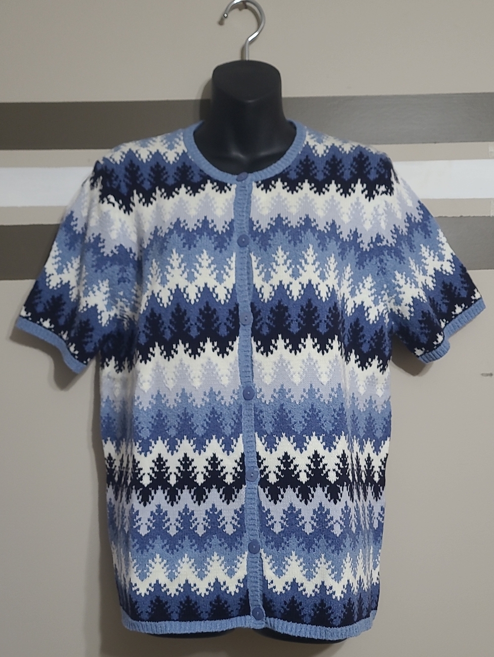 Vintage Northern Reflections Blue & White Zigzag Short Sleeve Cardigan Sz Large
